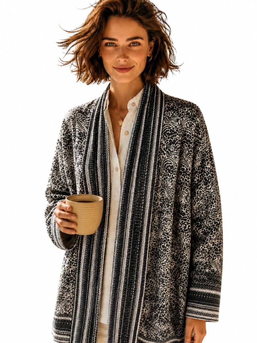 Open front cardigan, abstract print, relaxed draped fit